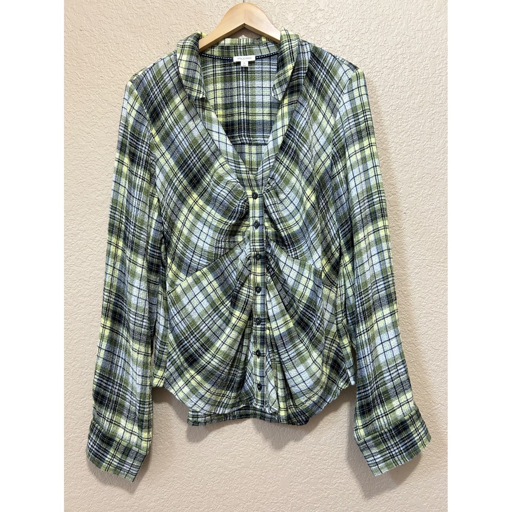 Pilcro XL Ruched Plaid V-Neck Blouse Lime Green Black Grunge Indie Top